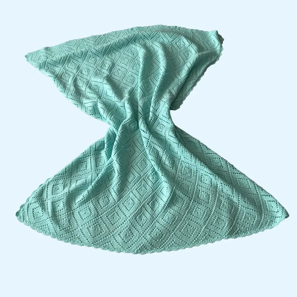 Handmade Baby Blanket Crocheted Throw Blue Mint Diamond Pattern Lightweight