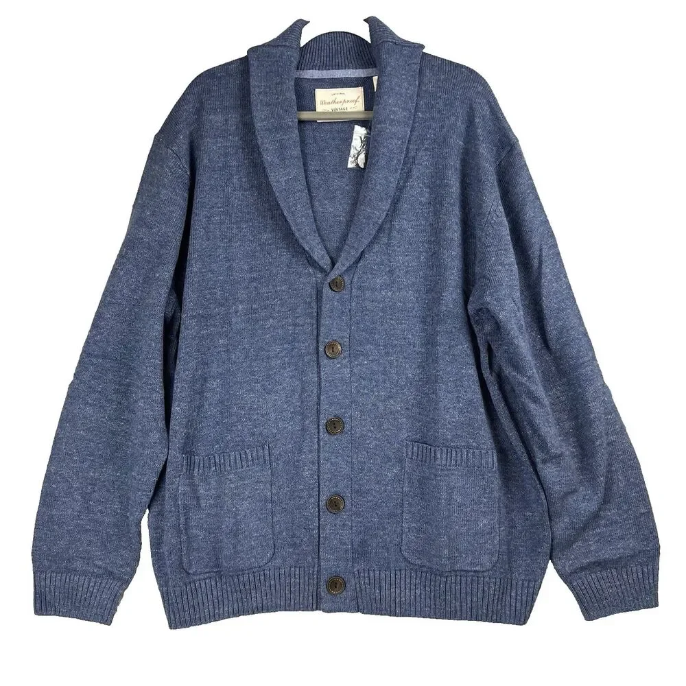 Weatherproof‎ Vintage Sweater Mens Knit Shawl Neck Blue Preppy Cottage core 2XL