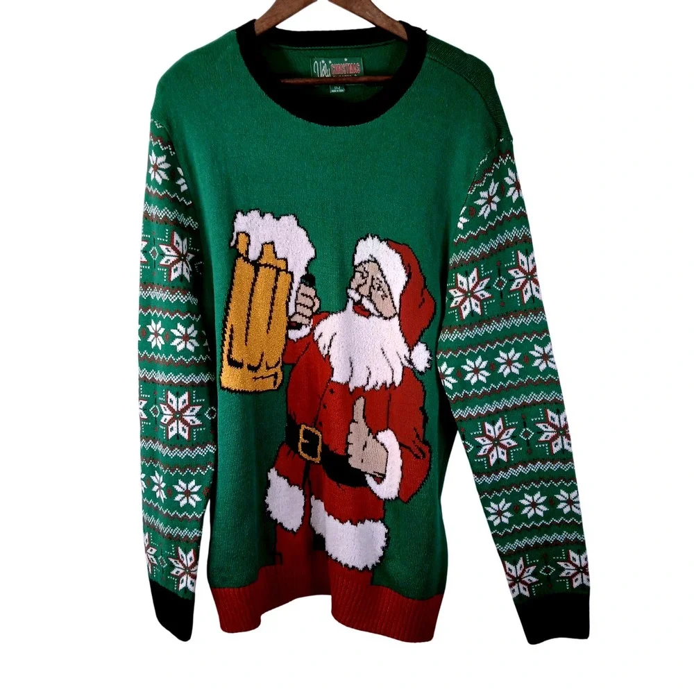 Ugly Christmas Sweater Mens Large Santa Beer Drink Christmas Holiday‎ Knit